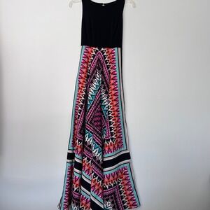 Maxi Dress Black Top Colorful Print Sleeveless‎ Party Dress Size S